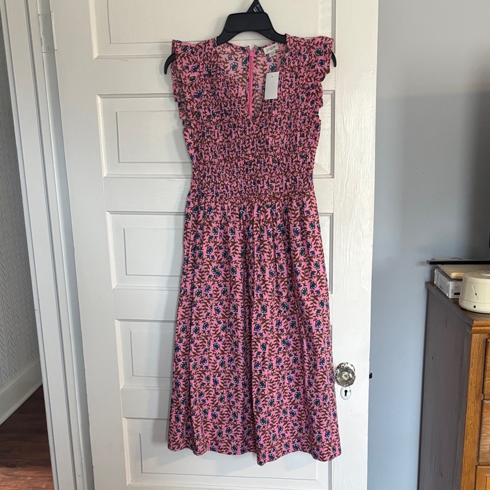 J. Crew Smocked Pink and Blue Floral Midi Dress